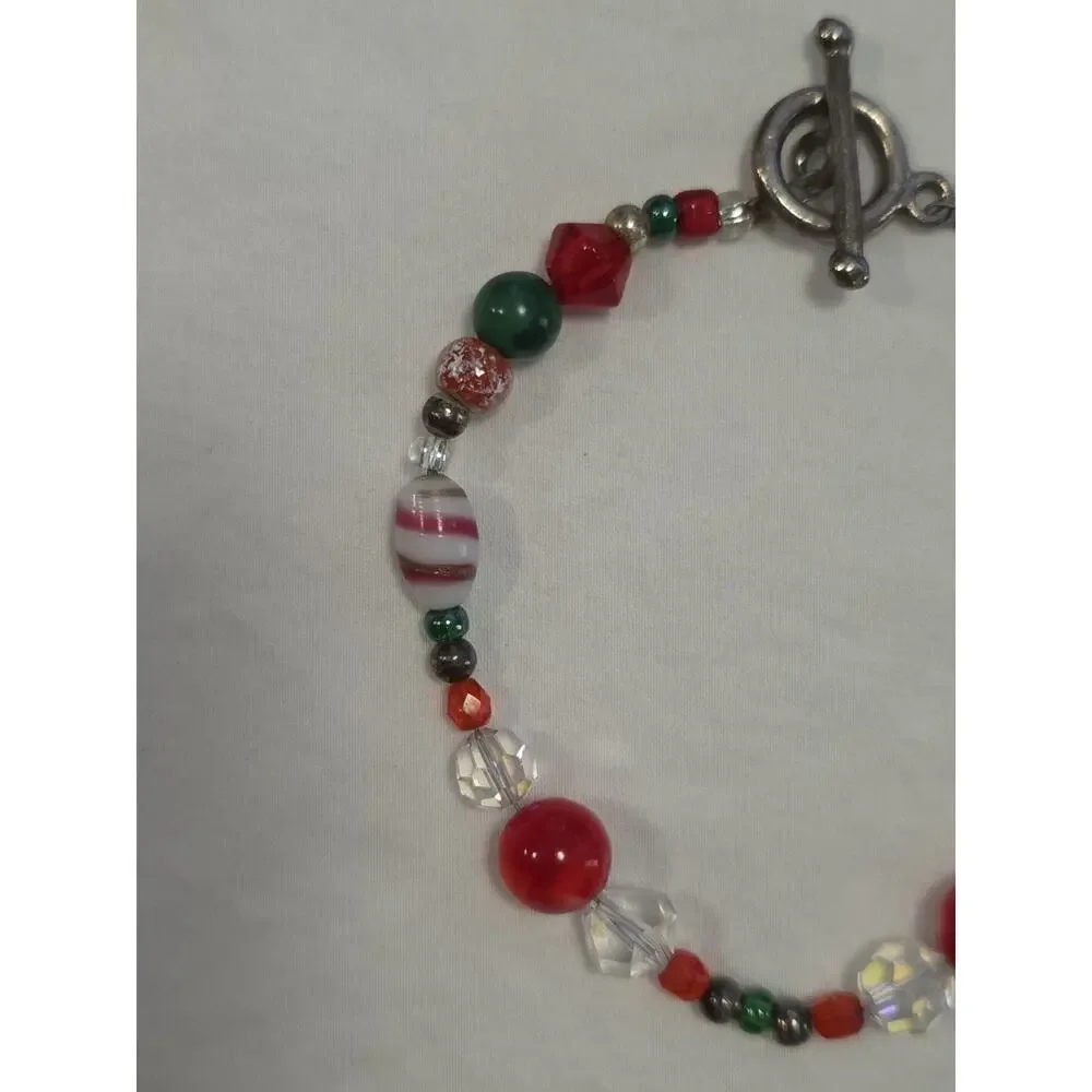 Christmas Colored Glass Beaded Chain Bracelet Red Green White Silver Tone